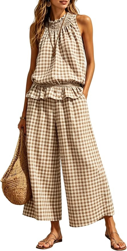 Tanming Women's 2 Piece Set Outfits Gingham Plaid Sleeveless Ruffle Top Wide Leg Pants Summer Cas... | Amazon (US)
