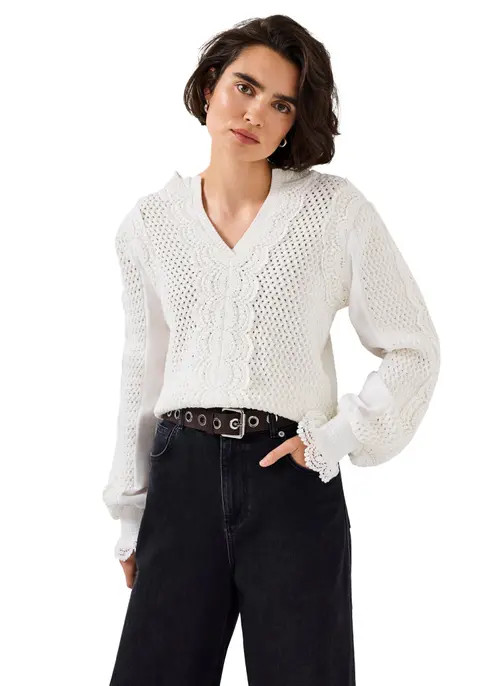 MINT VELVET Cotton Blend Crochet Detail Sweater in Open White at Nordstrom, Size X-Large | Nordstrom