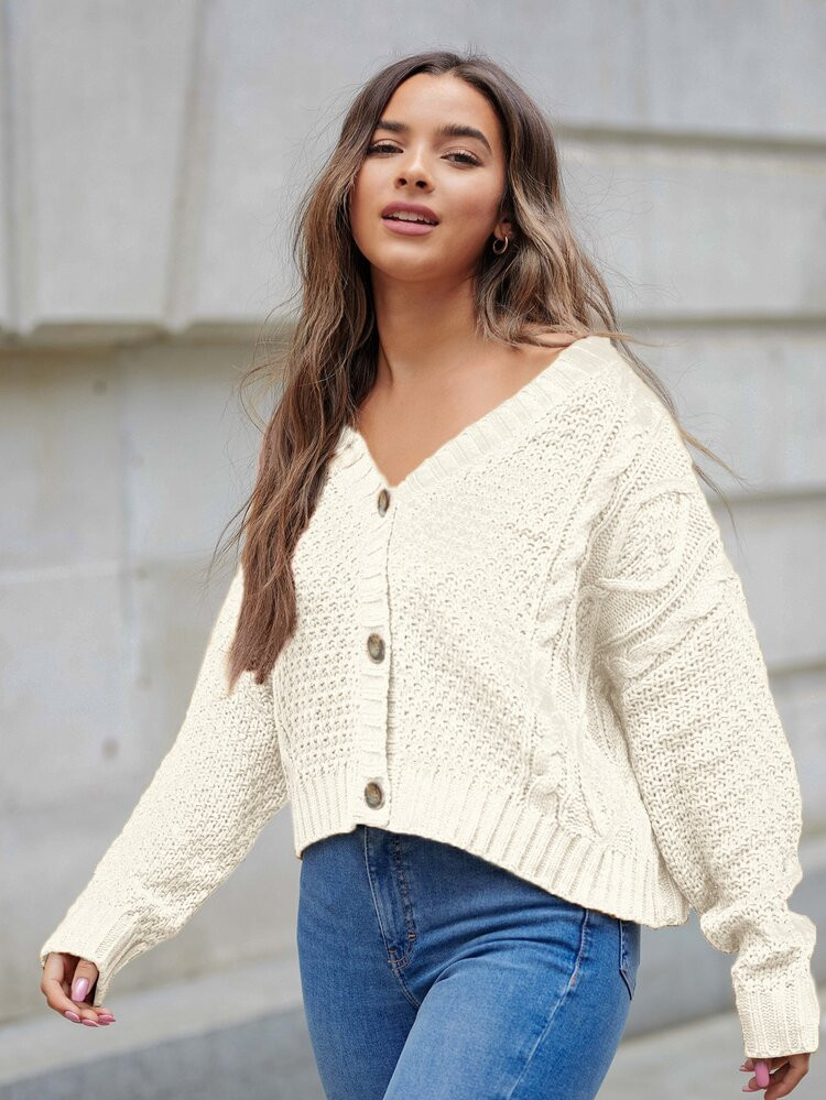 SHEIN Buttoned Front Drop Shoulder Cable Knit Cardigan | SHEIN