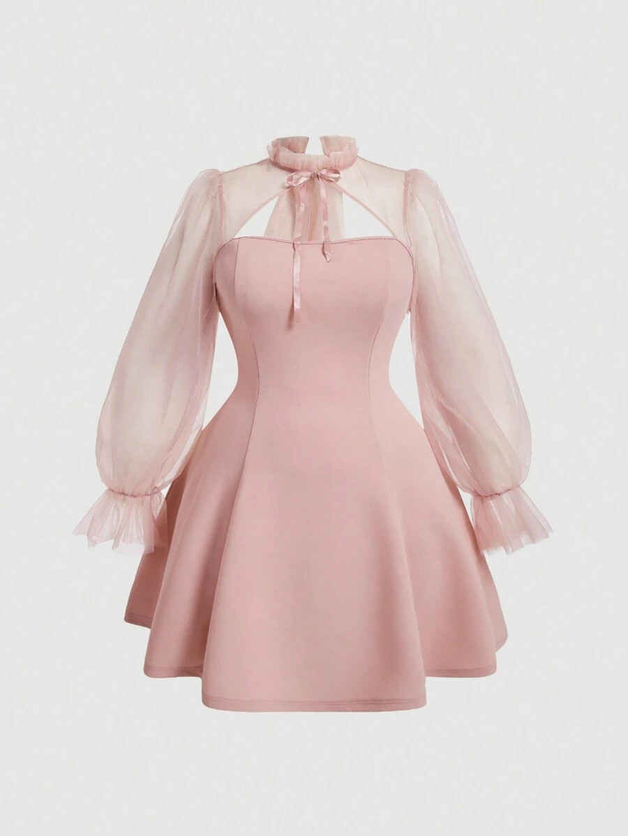 SHEIN MOD Plus Size Mesh Splicing Lace-Up Pink Dress,Corset Dress For Women,Valentine Outfits | SHEIN