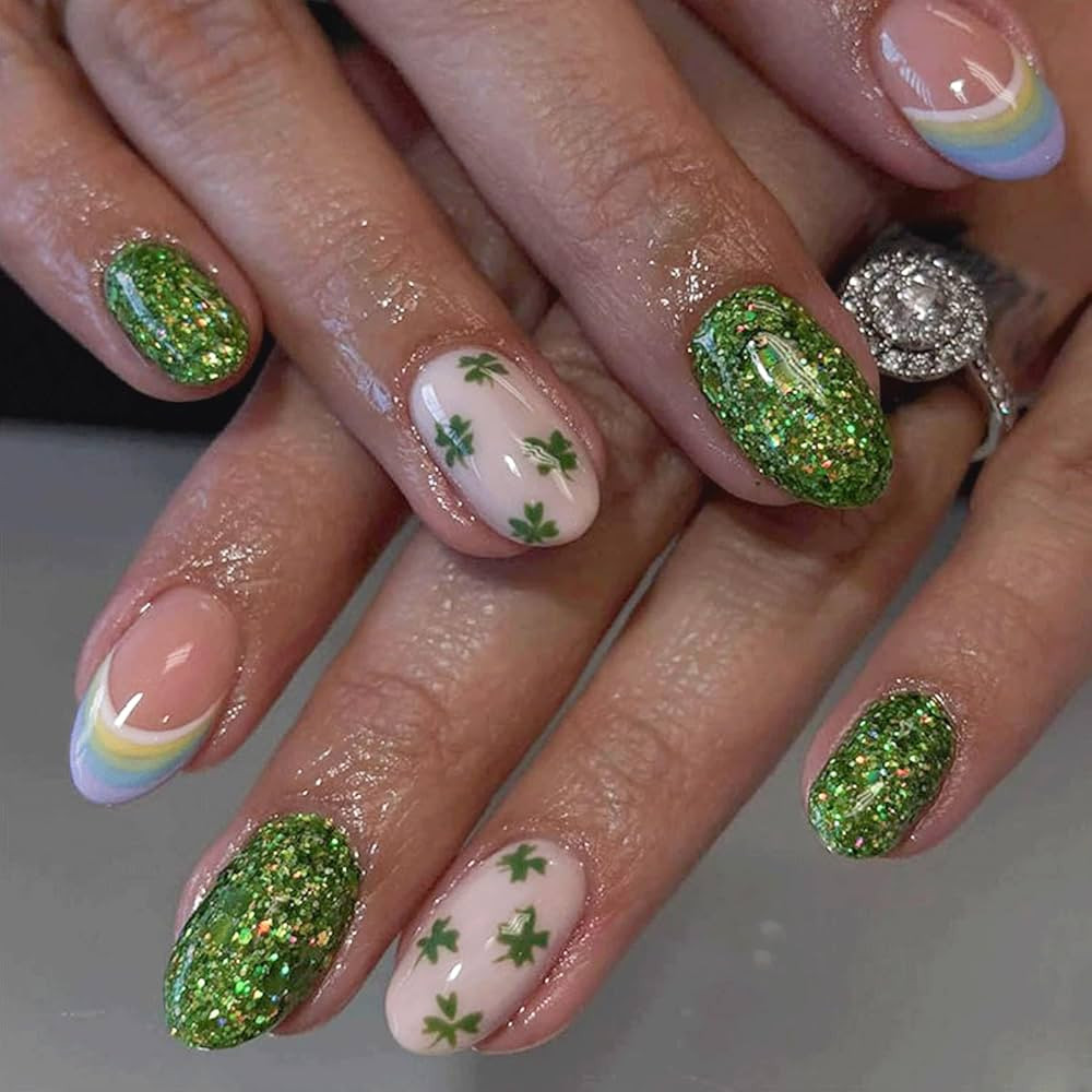 24Pc St. Patrick's Day Press On Nails Short Almond Fake Nails With Shamrock Design False Nails Gr... | Amazon (US)