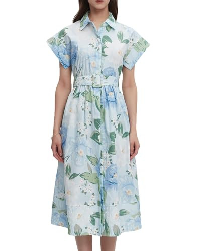 Women Summer Dresses 2025 Casual Wing Short Sleeve Button Down Midi Dress Floral Long Dress with ... | Amazon (US)