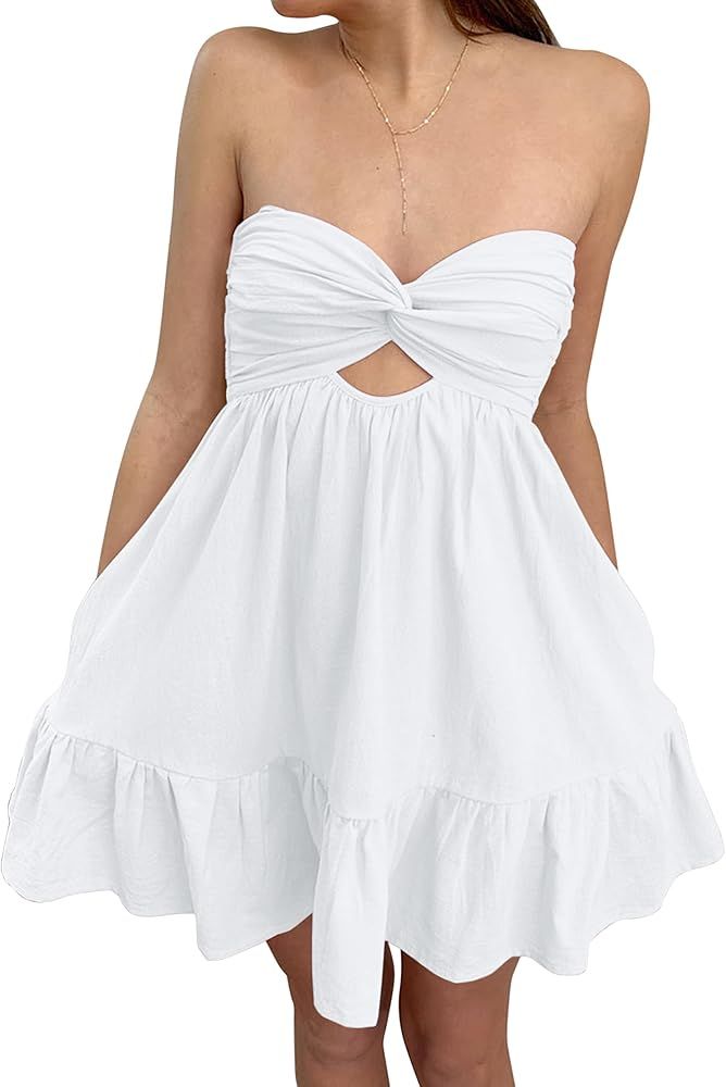 Women's Twist Front Cut Out Strapless Mini Dress Pleated Backless Ruffle A Line Bandeau 2024 Summ... | Amazon (US)