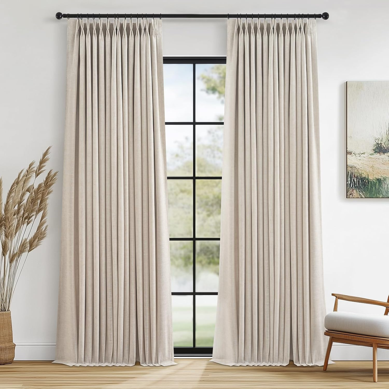 90 Inch Full Blackout Pleated Drapes ,Fall Beige Linen Black Out Thermal Insulated Curtains for B... | Amazon (US)