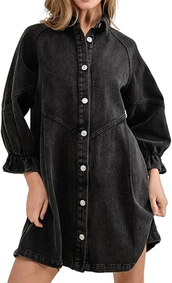 ALSOGO Women Denim Shirt Dress 3/4 Long Sleeves Casual Button Down Babydoll Flowy Jean Dresses | Amazon (US)