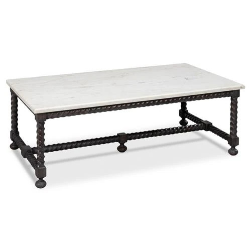 Stella Updated Traditional White Marble Brown Wood Rectangular Coffee Table | Kathy Kuo Home