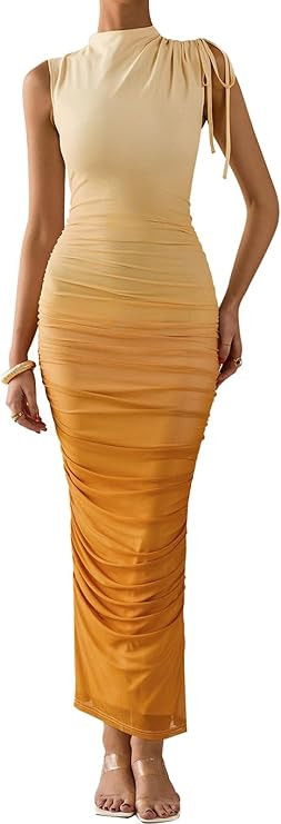 PRETTYGARDEN Women's Summer Maxi Floral Dresses Ruched Bodycon Sleeveless Mesh Formal Wedding Gue... | Amazon (US)