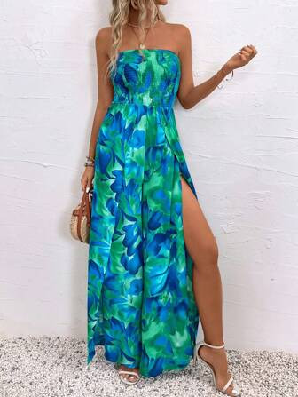 SHEIN VCAY Women's Printed Bandeau Top Split Jumpsuit, Perfect For Vacation And Casual Wearing | SHEIN