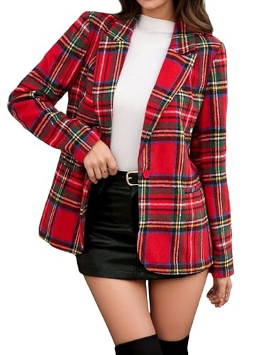 utcoco Women's Christmas Plaid Blazer Red Tartan Festive Button Casual Jacket for Holiday Party Fall Winter (Medium, Red) | Amazon (US)
