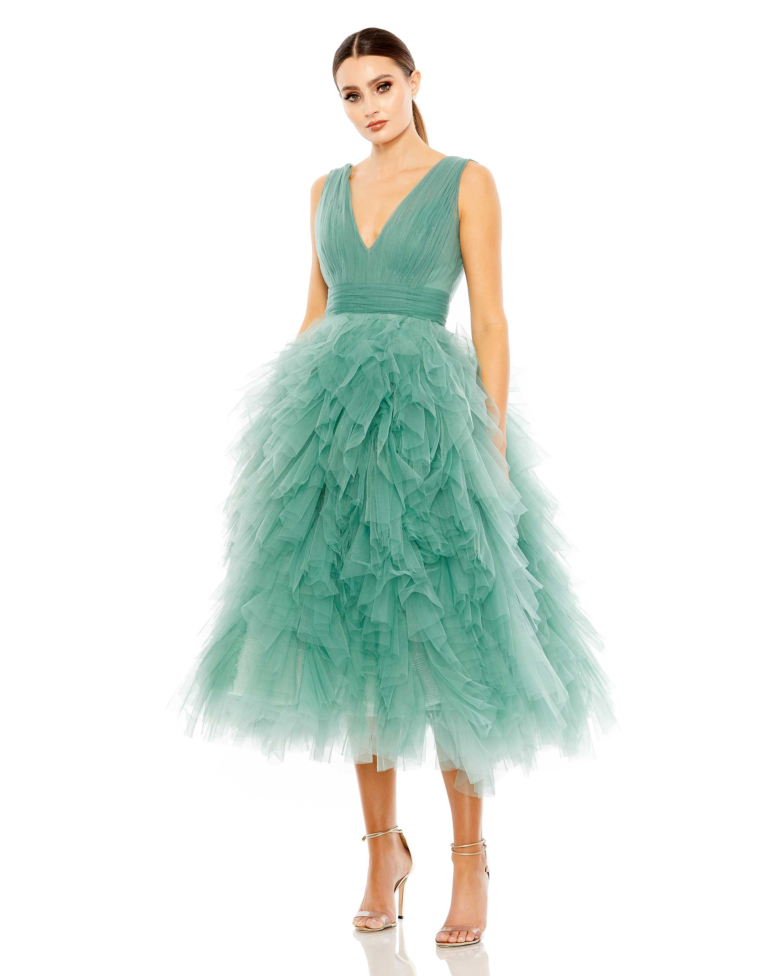 Ruffled Cap Sleeve V-Neck A Line Tulle Dress | Mac Duggal