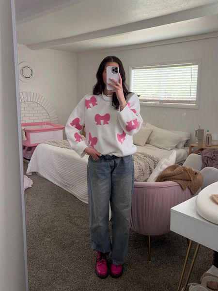 Love the baggy denim look and these jeans are so so comfortable! I pulled out my Doc Martens for the first time in FOREVER because I just love how they pop with the pink bow sweater! Here’s to not  being boring in our outfit choices and not being afraid of color!! 

#LTKstyletip
