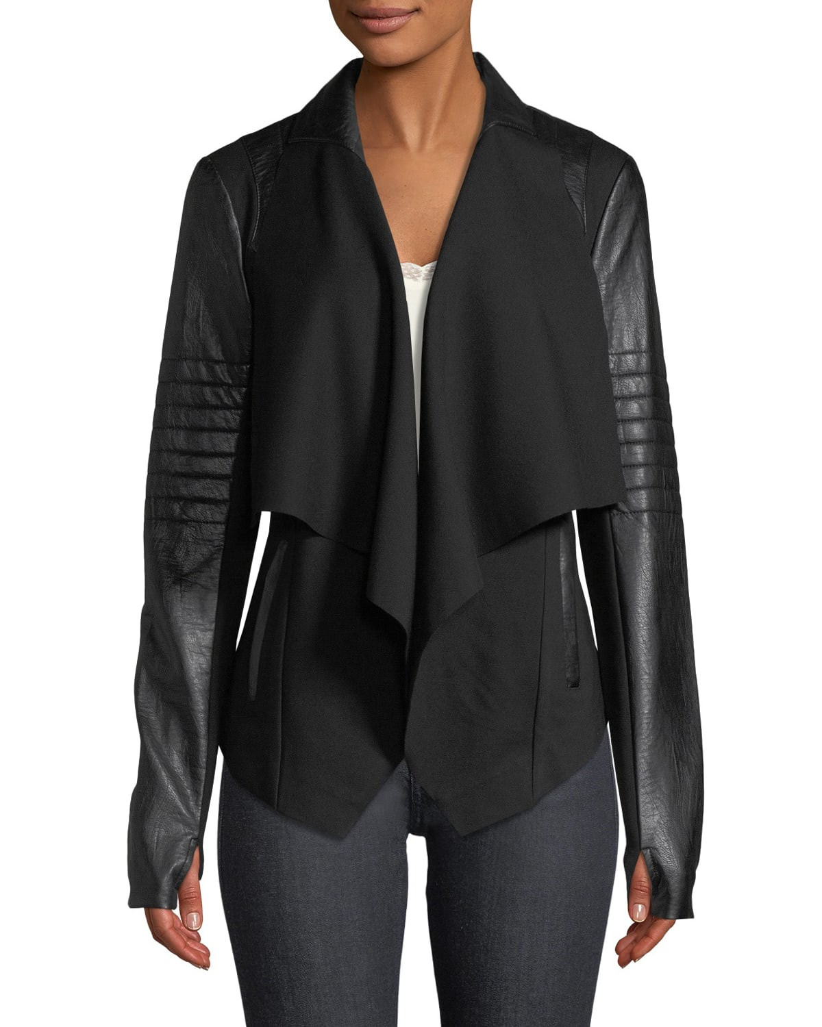 Drape-Front Quilted Faux-Leather Jacket | Neiman Marcus