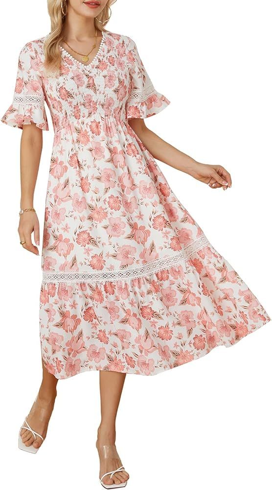 GRACE KARIN Women's 2023 Boho V Neck Short Flutter Sleeve Smocked Tiered Dress Empire Waist Ruffl... | Amazon (US)