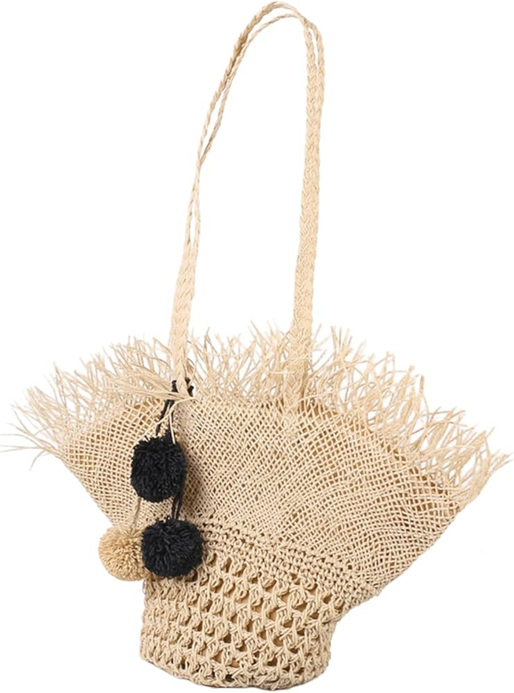 Woven Tote Bag Large Straw Ruffle Handmade Bucket Purse Lightweight Straw Crochet Beach Bag with ... | Amazon (US)