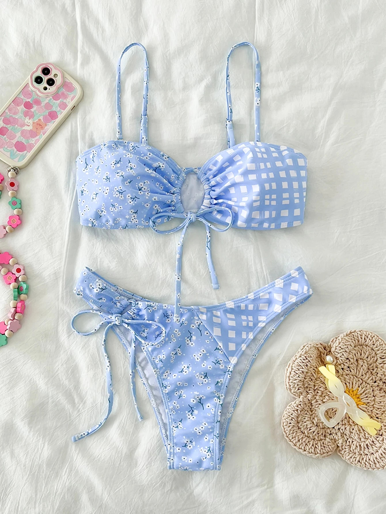 Ditsy Floral & Geo Print Drawstring High Cut Bikini Swimsuit | SHEIN