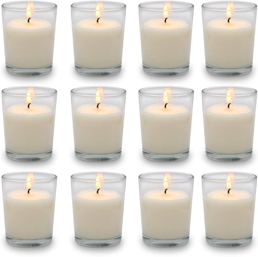 Set of 12 White Votive Candles Clear Glass Filled Unscented Soy Wax Candle for Home Décor Spa We... | Amazon (US)
