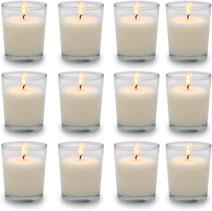 Set of 12 White Votive Candles Clear Glass Filled Unscented Soy Wax Candle for Home Décor Spa We... | Amazon (US)