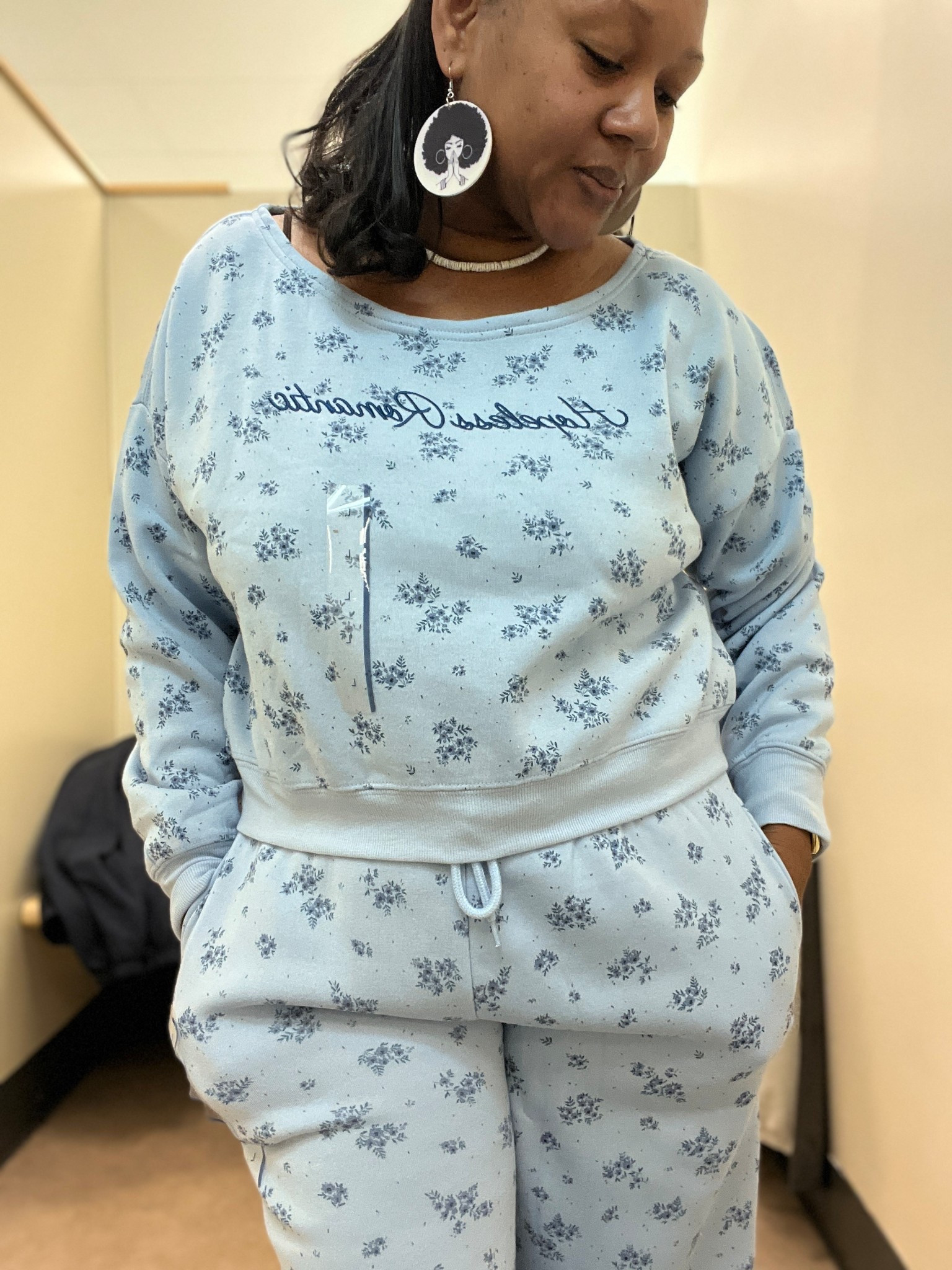 Women's blue off-the-shoulder hopeless romantic sweatshirt and Women's Lounge Wide Leg Graphic Jogger Pants- Light Blue Floral 💙

#LTKFindsUnder50 #LTKMidsize #LTKOver40