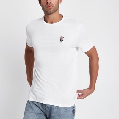 White rose chest embroidery slim fit T-shirt | River Island (UK & IE)