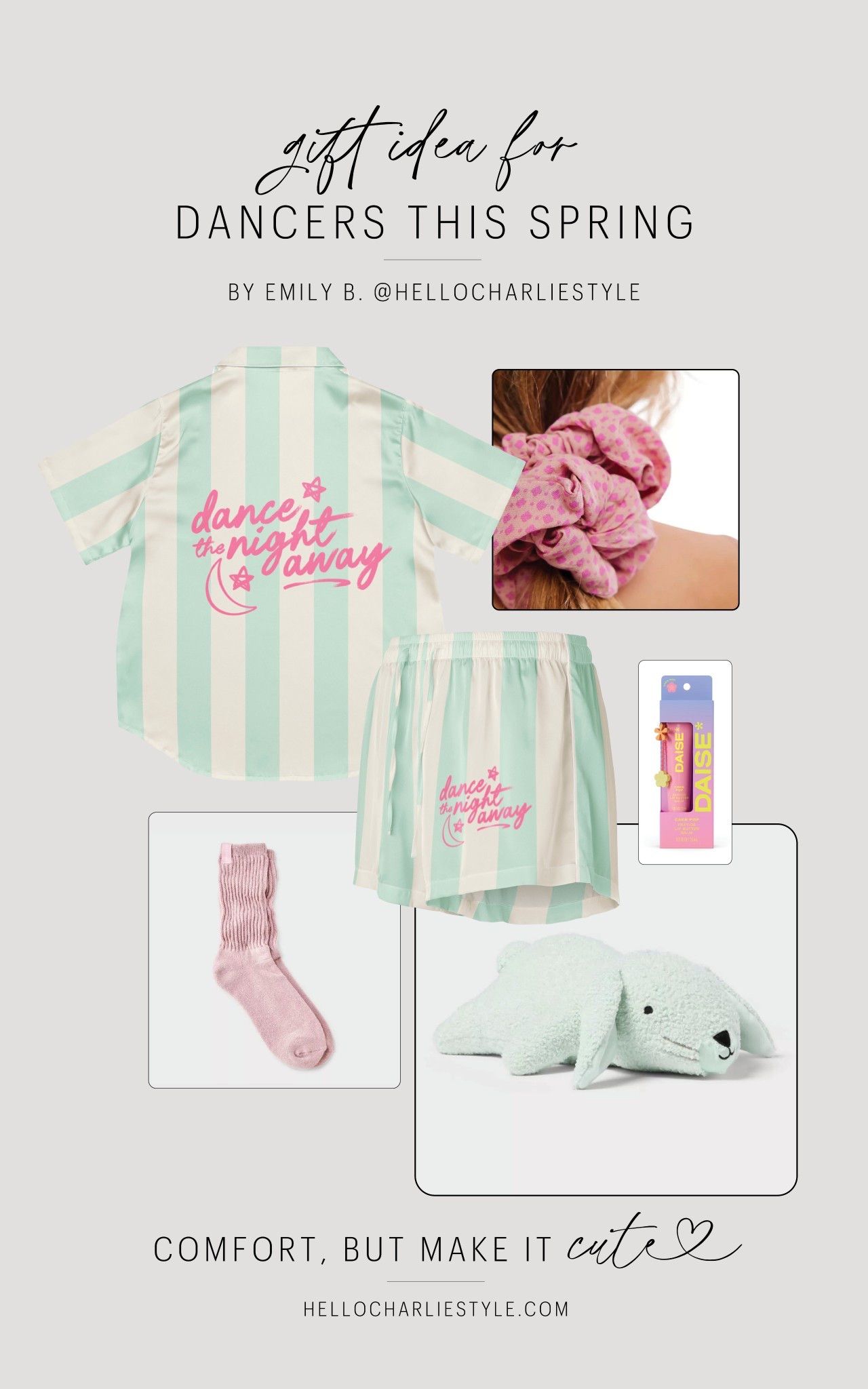 A curated gift idea for any girly girl or dancer this spring! 

Satin pajama set from Hello Charlie, weighted plushie, slouchy socks, scrunchie and the cutest lip gloss. 

#eastergift #dancegift #satinpajamas 

#LTKootd #LTKselfcare