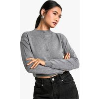 Womens Soft Knit Boxy Crop High Neck Cardigan - Grey - L, Grey | Boohoo.com (UK & IE)