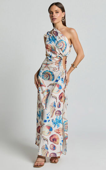 Gemma Midi Dress - One Shoulder Side Cut Out Side Slit Dress in Holiday Print | Showpo (US, UK & Europe)