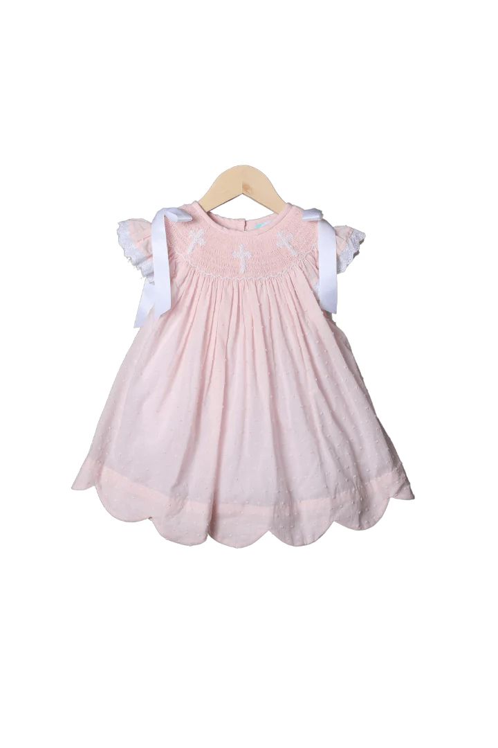 Smocked Cross Pink Swiss Dot Dress | The Smocked Flamingo