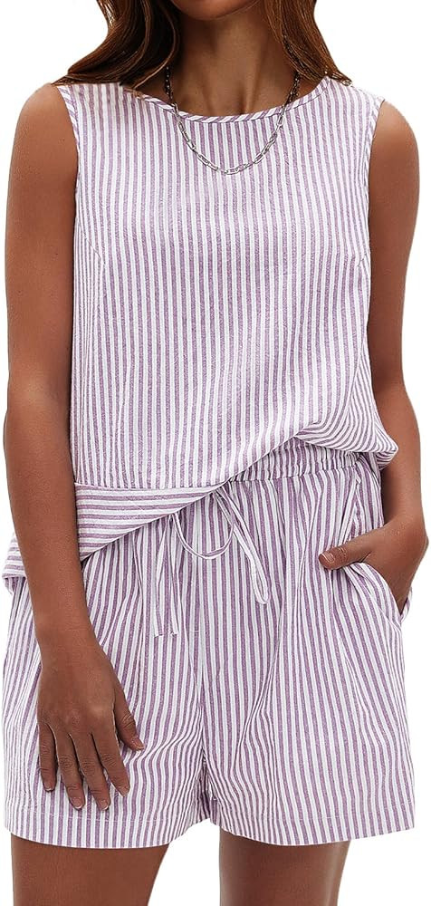 EXLURA Women's Summer 2 Piece Outfits Sleeveless Tank Top Matching Shorts Sets Cotton Striped Swe... | Amazon (US)