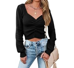 PRETTYGARDEN Women's Chic Deep V Neck Long Sleeve Knit Ruched Tops Off Shoulder Solid Ribbed Knit... | Amazon (US)