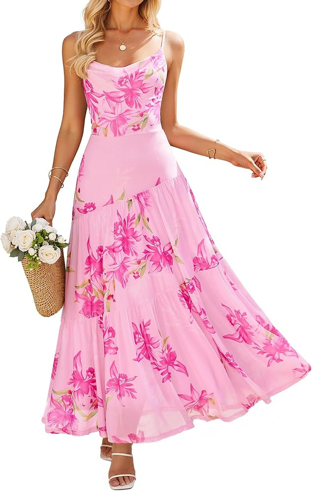 ZESICA Women's Summer Floral Sleeveless Maxi Dress 2026 Boho Mesh Spaghetti Strap Flowy Beach Wed... | Amazon (US)