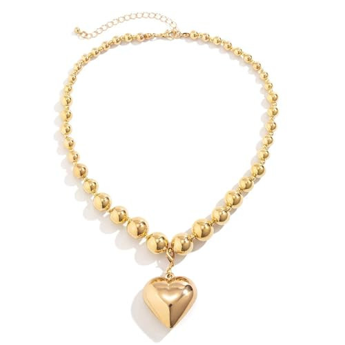 OKKEDY Chunky Puffy Heart Choker Necklace for Women, Adjustable Gold Pearl Chain Y2k Necklace Trendy Jewelry | Amazon (US)