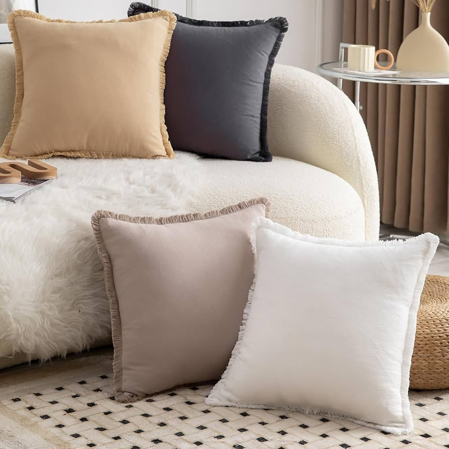 MANDIOO Set of 4 Neutral Cotton Fringe Decorative Throw Pillow Covers 18x18 Inch Boho Farmhouse C... | Amazon (US)