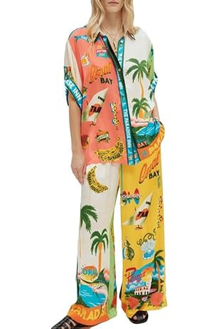 Women's Pajama Set Printed Lounge 2 Piece Outfits Soft Button Down Sleepwear Pants and Top | Amazon (US)