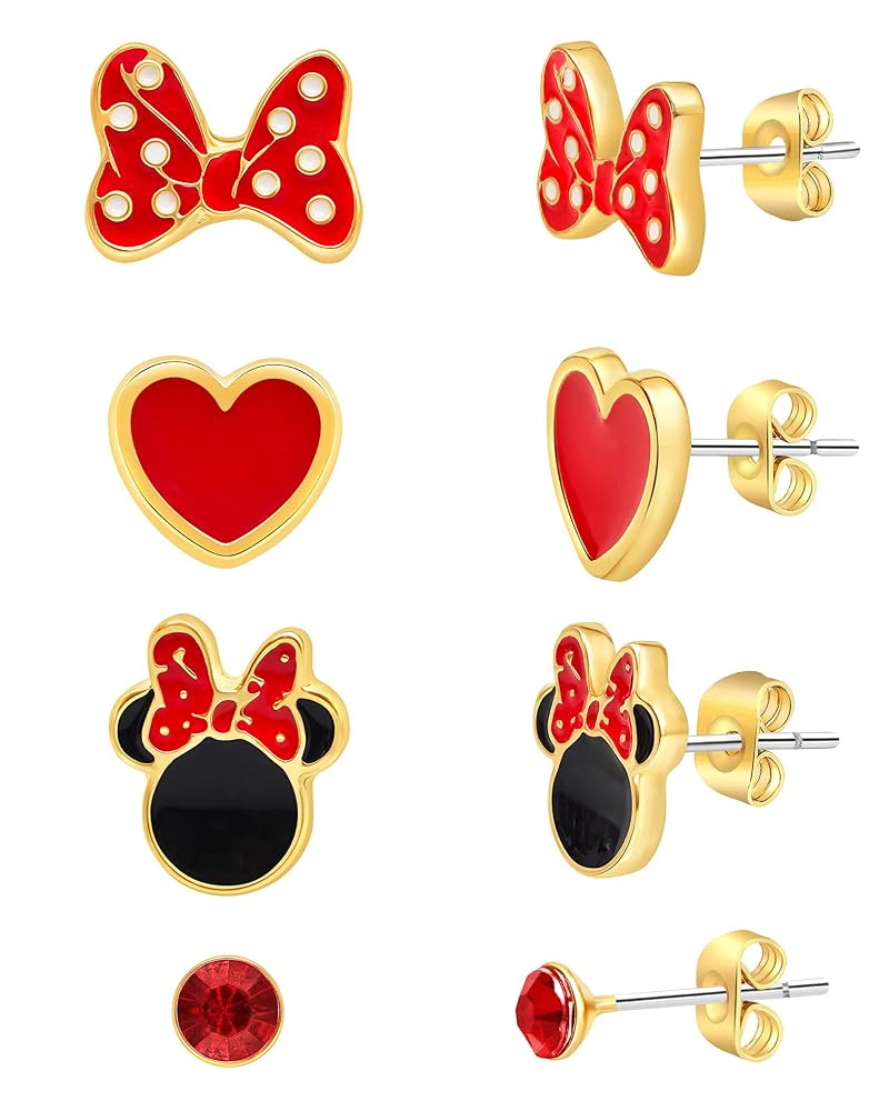 Disney Minnie Mouse Earrings 4-Pack Official License, Red Crystal and Enamel-Plated Stud Earrings | Amazon (US)