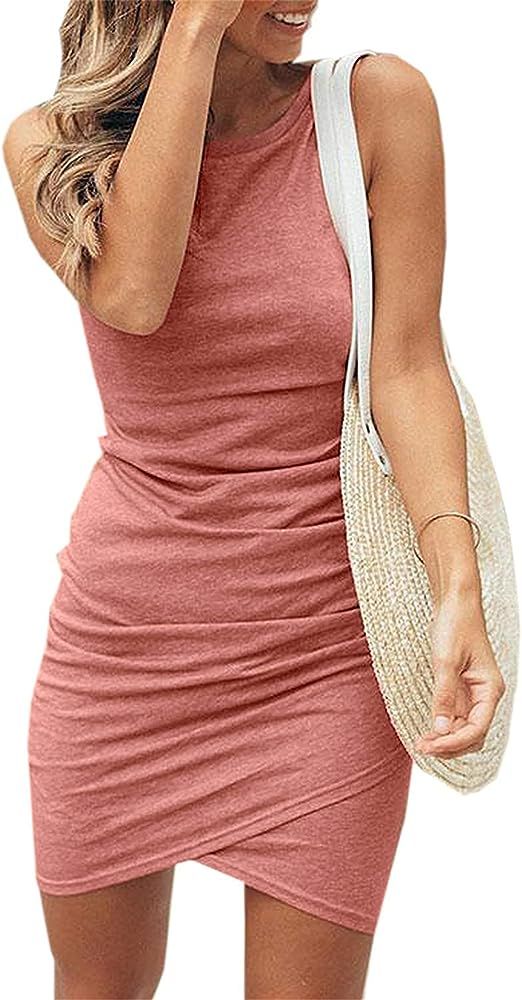 Summer Casual Dress for Women Bodycon T Shirt Dress Double Layer Ruched Short Mini | Amazon (US)