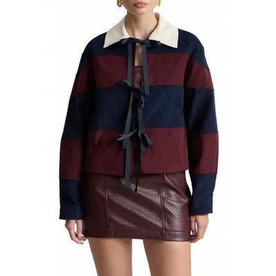 Avec Les Filles Striped Corduroy Rugby Jacket with Front Ties in Navy/burgundy at Nordstrom, Size Small | Nordstrom
