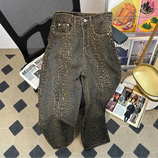 Jean baggy taille haute imprimé léopard rétro pour femme, pantalon décontracté, style améri... | Aliexpress EU