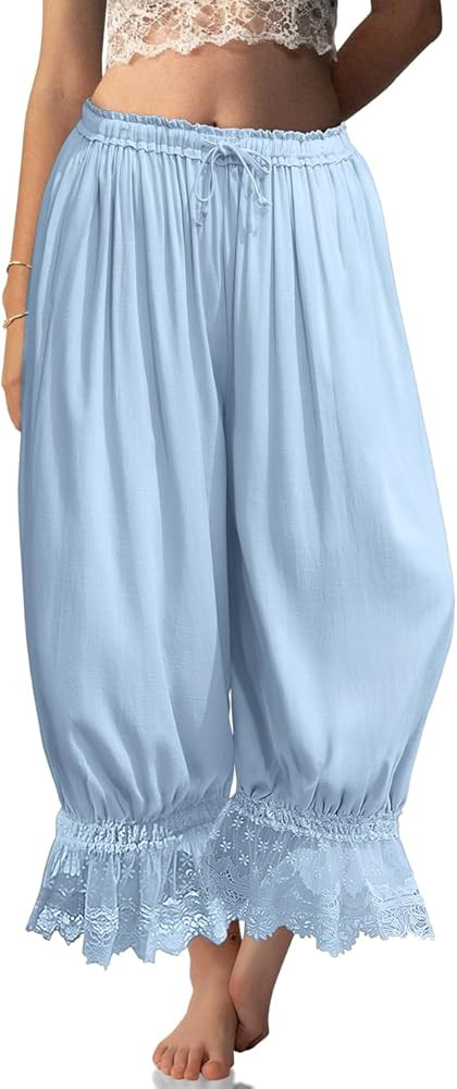 TARSE Women Linen Lace Trim Long Bloomers Pants Ruffle Victorian Vintage Pantaloons Summer Beach ... | Amazon (US)