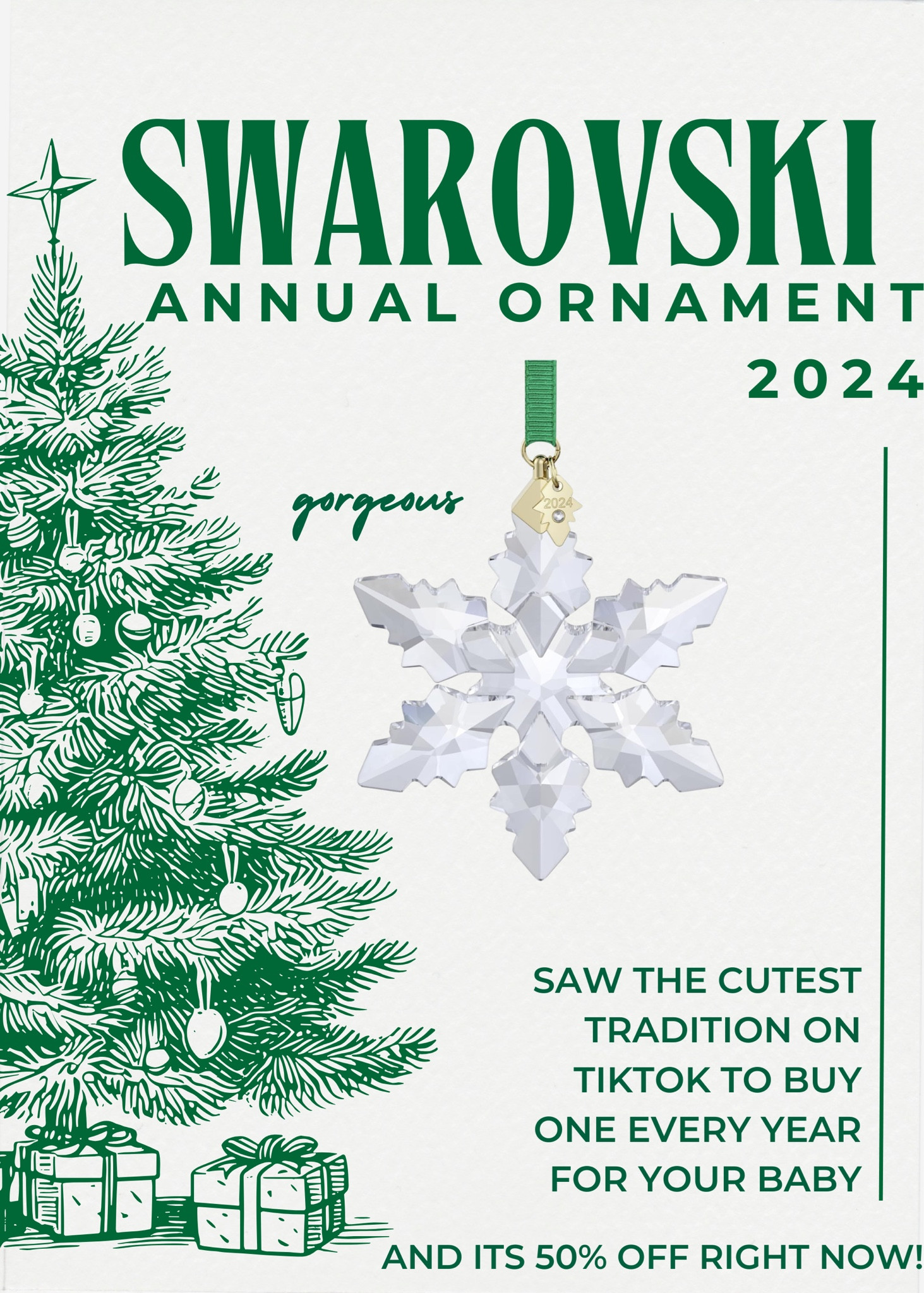This is so timeless and would never go out of style! the perfect keepsake and christmas tradition to start with your baby/spouse/parents/pets/friends this holiday season! 50% off! Won’t find it this cheap anywhere else!
•
•
Swarovski Annual Edition 2024 Snowflake Ornament, Clear Faceted Crystal with Gold-Tone Metal Accents and Green Rayon Ribbon, Part of The Annual Edition Collection

#LTKSeasonal #LTKSaleAlert #LTKHoliday