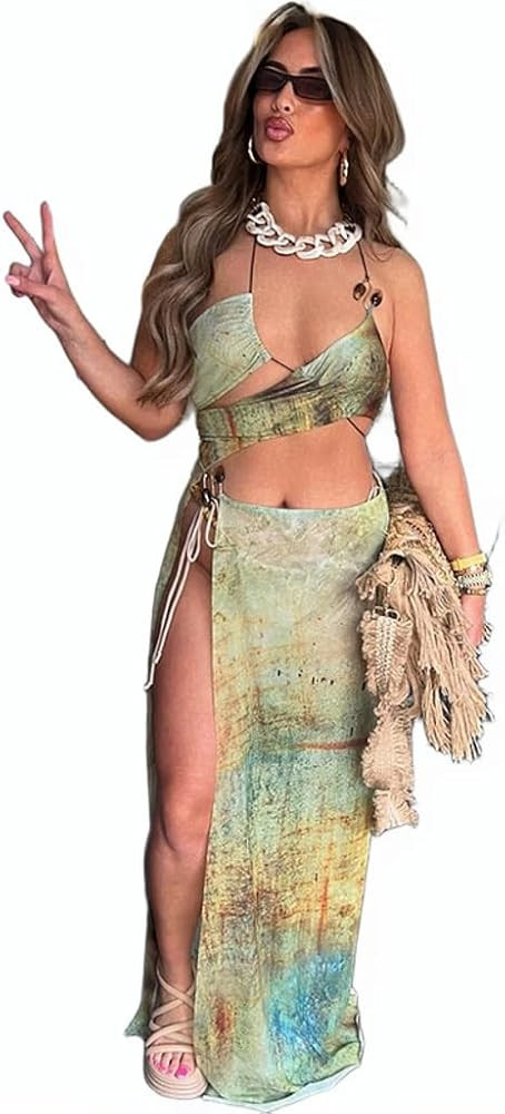 Women's Sexy Hollow Suspenders Fashionable Printed Slim fit Long Dress | Amazon (US)
