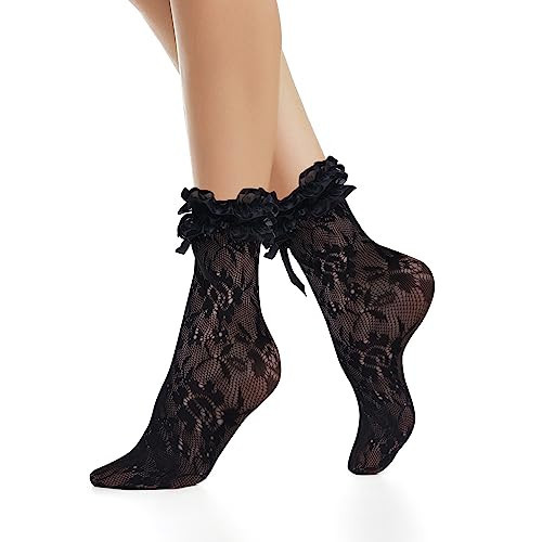 Womens Black Lace Ruffle Fishnet Socks Bow Trim Frilly Mesh Anklet Socks Girls Fancy Pretty Dress Socks Ladies Sexy Elegant Tulle Socks Cute Princess Lolita Socks Cosplay Party Socks, Black Ruffle Bow | Amazon (US)