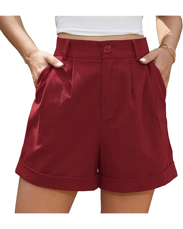Jouica Womens Summer High Waist Linen Shorts Roll Up Pleated Zippered Wrap Hem Wide Leg Shorts wi... | Amazon (US)