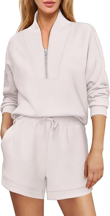 ReachMe Womens Oversized 2 Piece Lounge Sets Quarter Zip Sweatshirt & Shorts with Pockets Sweat S... | Amazon (US)
