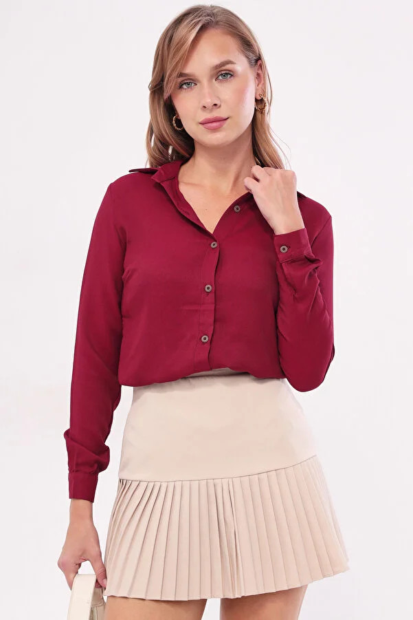 armonika Burgunderfarbenes, langärmliges, schlichtes Damenhemd ARM-18Y001176 - Trendyol | Trendyol DE