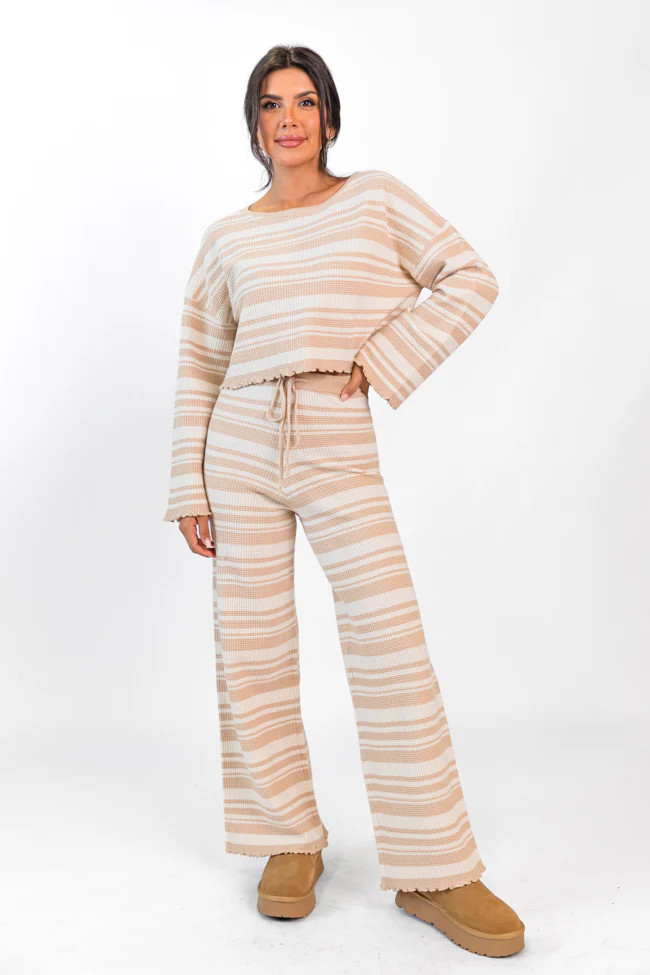 Take You There Taupe Striped Lettuce Hem Lounge Pants | Pink Lily