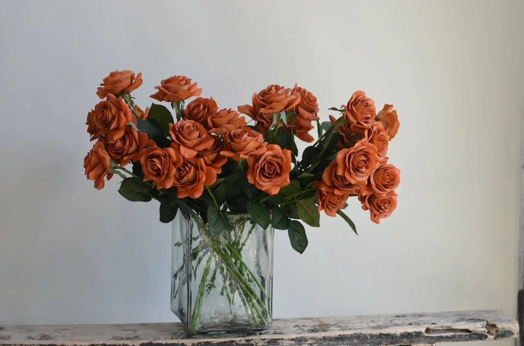 16 Burnt Orange Real Touch Faux Roses, Terracott Fake Flowers, DIY Florals/bouquets/centerpiece W... | Etsy (US)