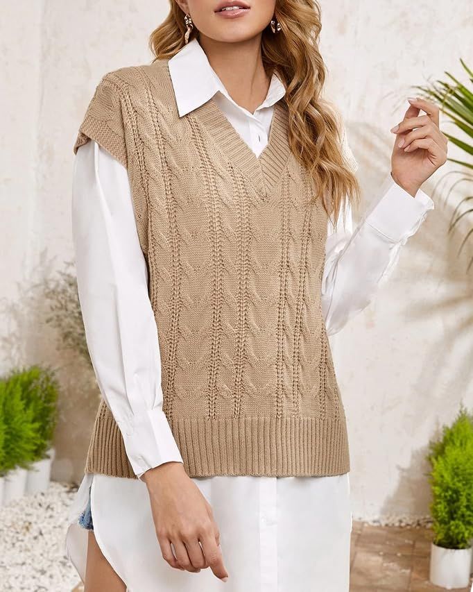 Women's V-Neck Knit Sweater Vest Solid Color Argyle Plaid Preppy Style Sleeveless Crop Knit Vest | Amazon (US)