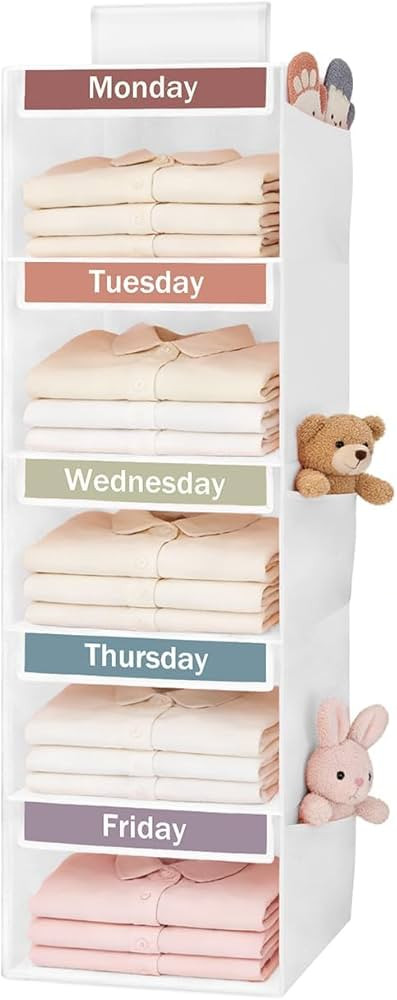 Weekly Clothes Organizer for Kids, 5-Shelf Kid Hanging Closet Organizer w/ 6 Side Pockets, Labele... | Amazon (US)