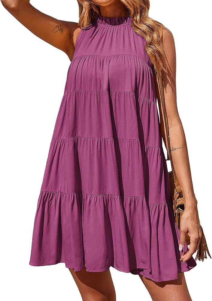 Okiwam Women Summer Casual 2024 Sleeveless Halter Dress Ruffle Flowy Boho Sun Dress Loose Swing P... | Amazon (US)