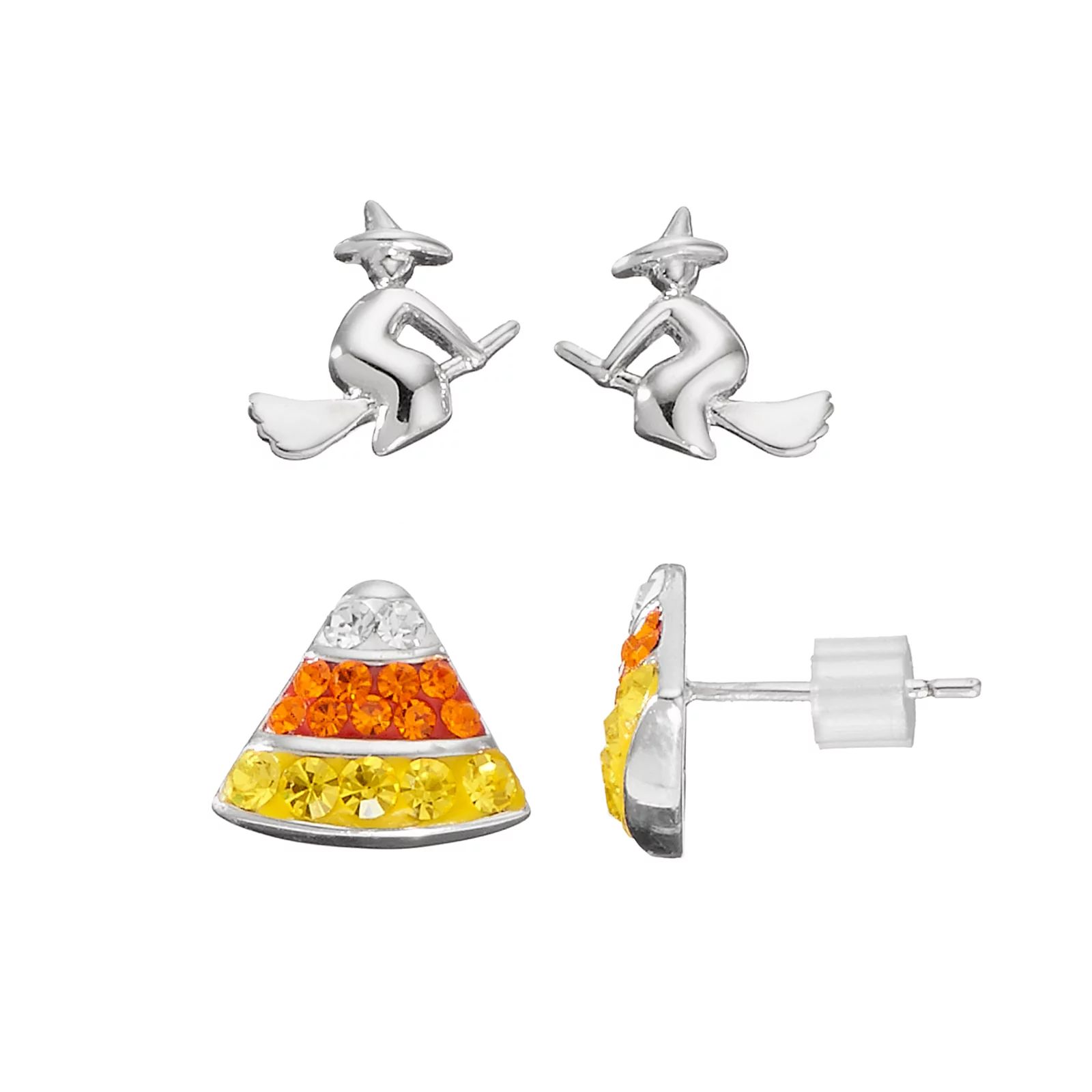 Silver Plated Crystal Candy Corn & Witch Stud Earring Set, Women's, Yellow | Kohl's